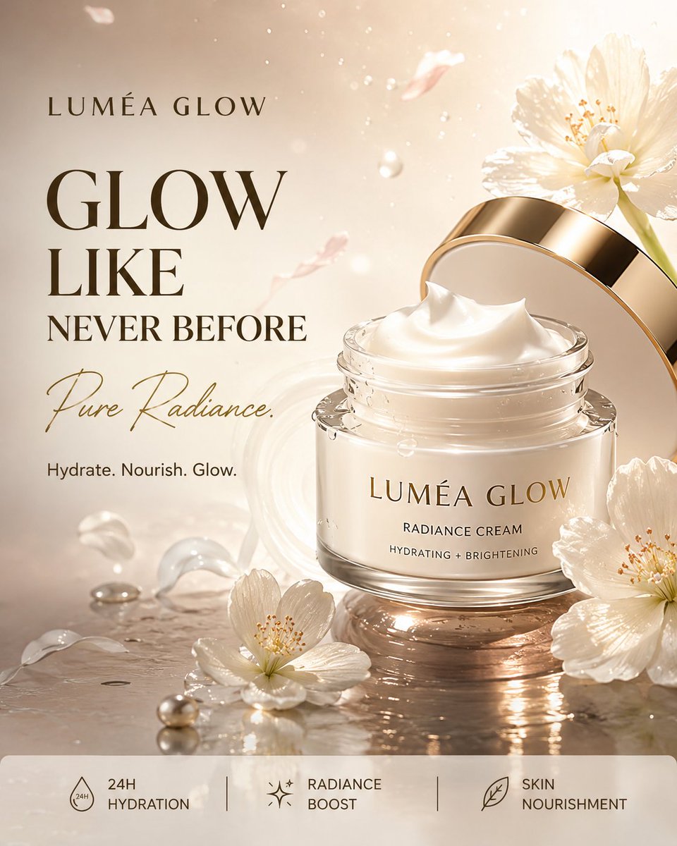 A photorealistic skincare ad with a frosted glass jar and champagne gold lid, set among white flowers, water droplets and soft cream swirls. Pearl, gold and…