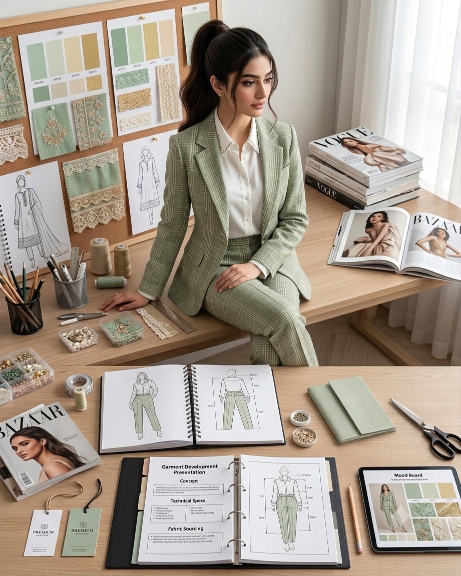 Luxury Fashion Designer Mood Board in Sage Green — AI result, variation 2 of 2