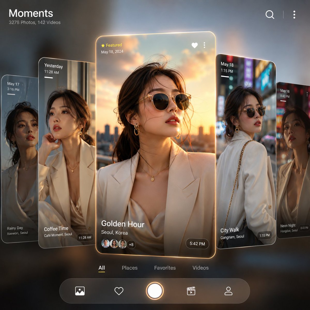 A fashion campaign laid out like a phone photo gallery, with one model repeated across floating cards at different depths. The enlarged center card glows in…