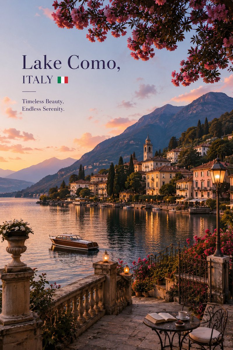 A single cinematic scene where an Alpine lake, a lakeside village and a tropical infinity pool meet at golden hour. Lanterns, blossoms and a quiet terrace…