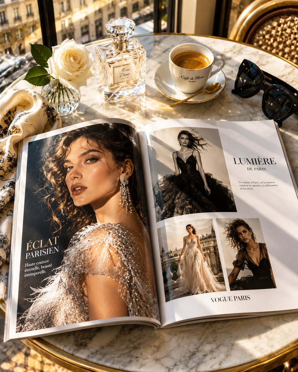 A glossy fashion magazine lies open on white marble in a Parisian café, with models that seem to rise from the printed pages. Golden morning light and crystal…