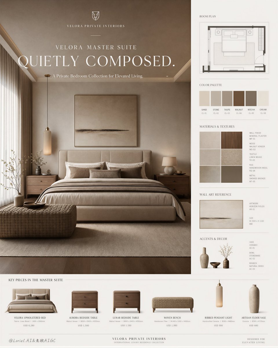 Luxury Master Bedroom Sales Poster in Greige and Walnut — AI result, variation 2 of 3