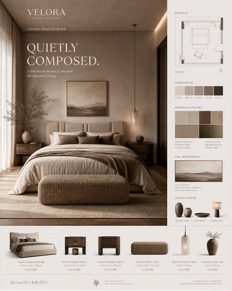 Luxury Master Bedroom Sales Poster in Greige and Walnut — AI result, variation 3 of 3