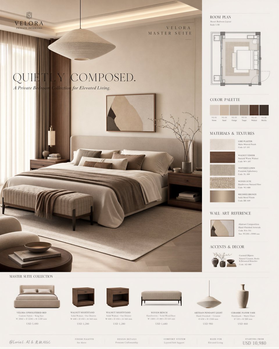 A tall editorial poster built around one enlarged master bedroom, with soft creamy daylight over taupe bedding and walnut wood. A right-hand column holds a…