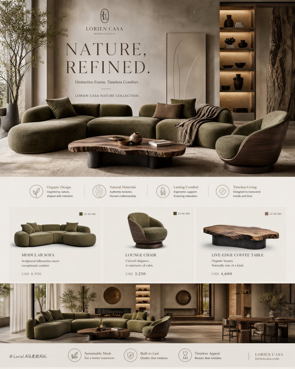A tall editorial poster with a large hero bedroom in warm greige and walnut, a quiet planning column on the right, and a bottom row of furniture pieces with…