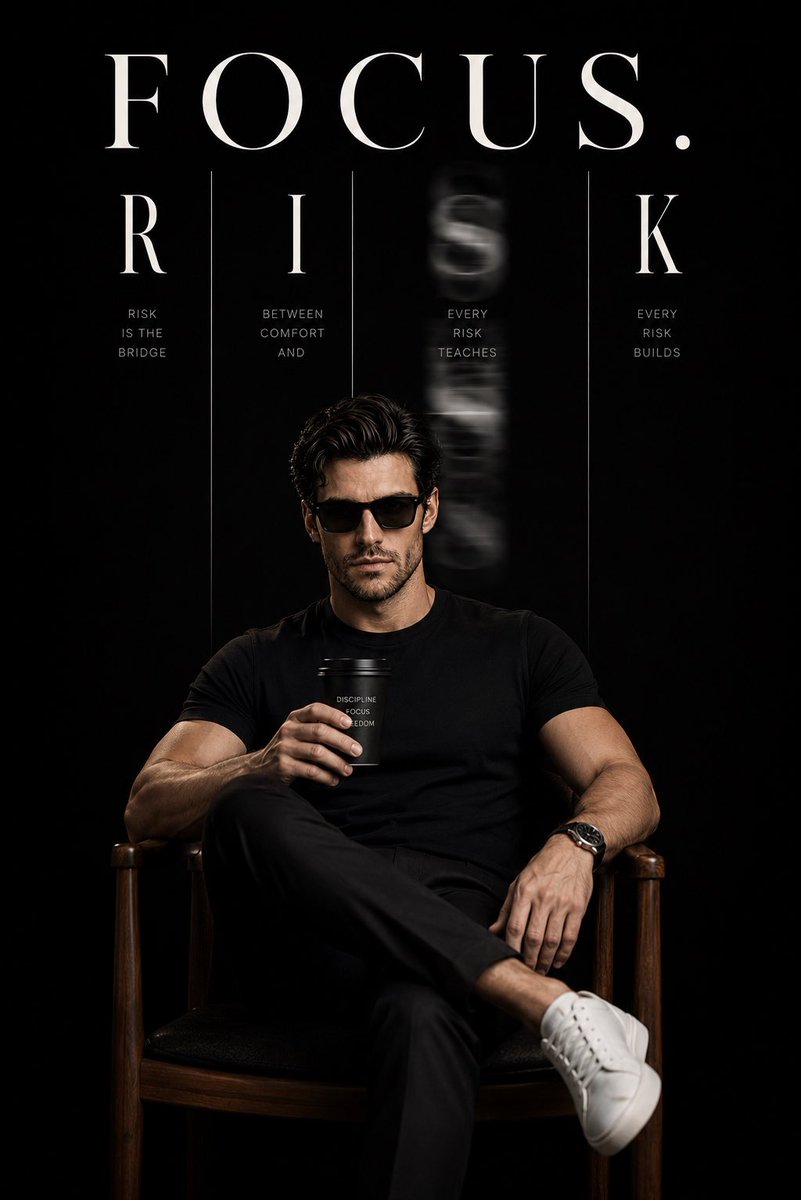 A cinematic seated portrait on a deep matte black background, with the word FOCUS in large white serif type above a split, motion-blurred RISK. The result…