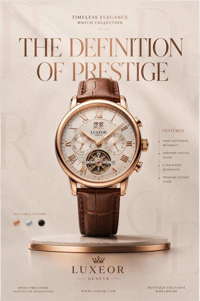 A centered product sits as the hero against a pearl white backdrop, with a large serif headline set behind it and small annotations framing the layout. The…