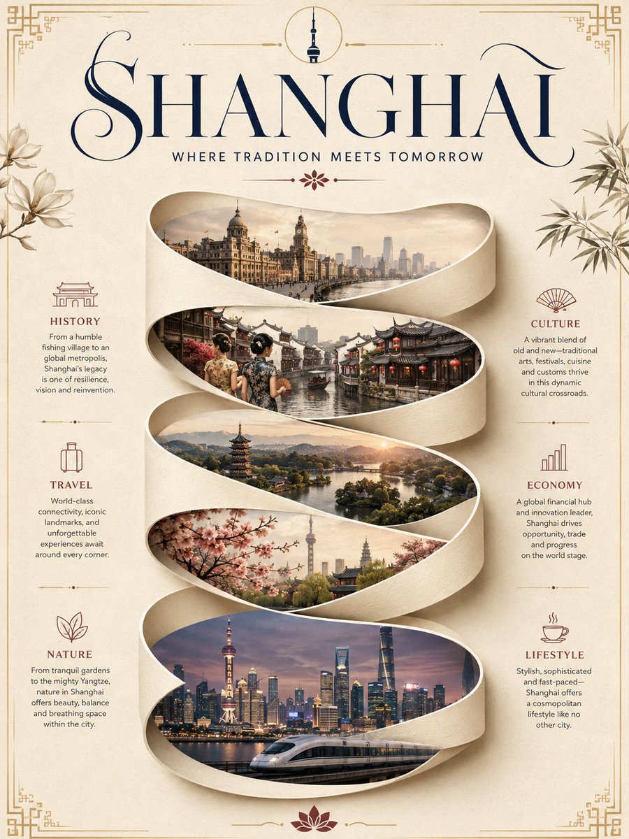 A cream-paper poster with a looping 3D ribbon that carries five panoramic scenes of one destination, framed by six editorial blocks on history, culture…