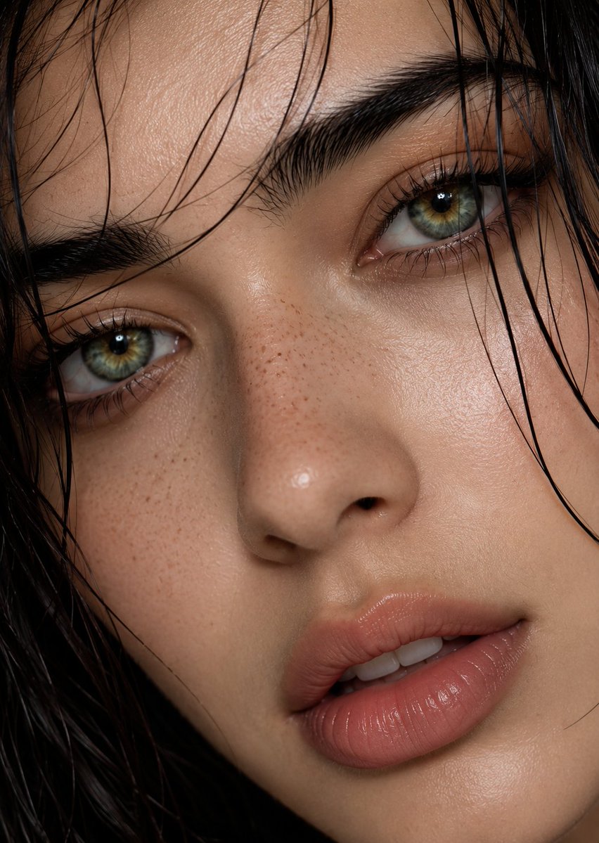 A close, luminous face fills the frame, with sage-green irises that carry amber sunburst detail and a glow that reads as natural rather than retouched.…