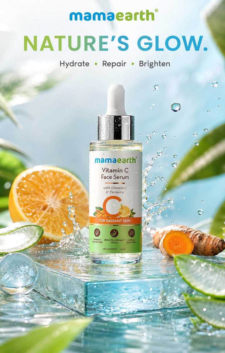 A centred serum bottle sits on a wet, reflective glass platform, surrounded by citrus slices, aloe droplets and suspended water splashes. The mint and sky-blue…