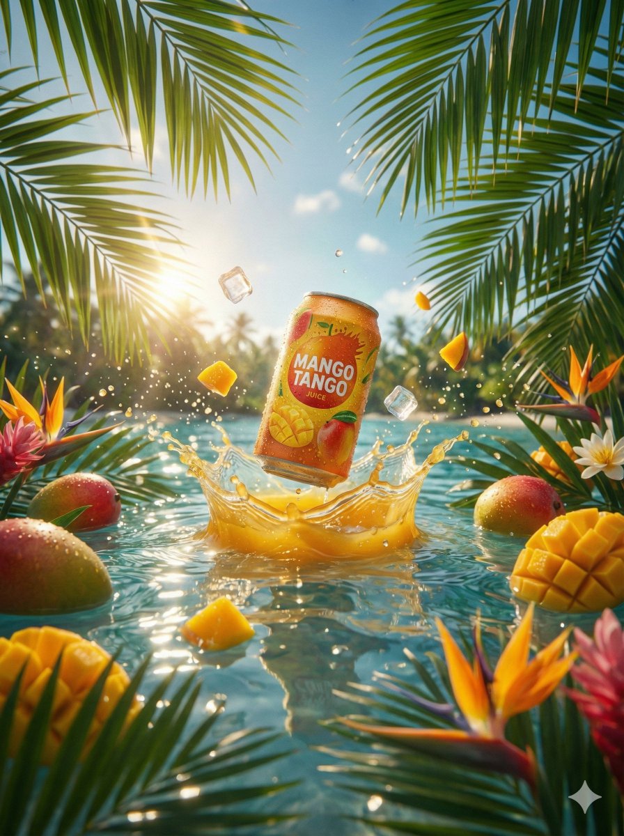 Source image for the AI video “Mango Juice Can Splash Product Shot”