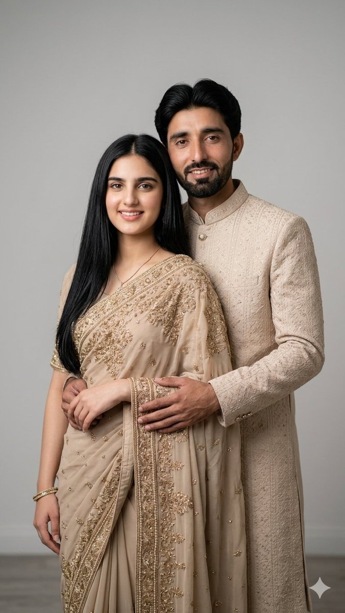 A full-length vertical portrait of a couple in coordinated beige, the woman in a saree with long straight hair and her partner standing close behind her. The…