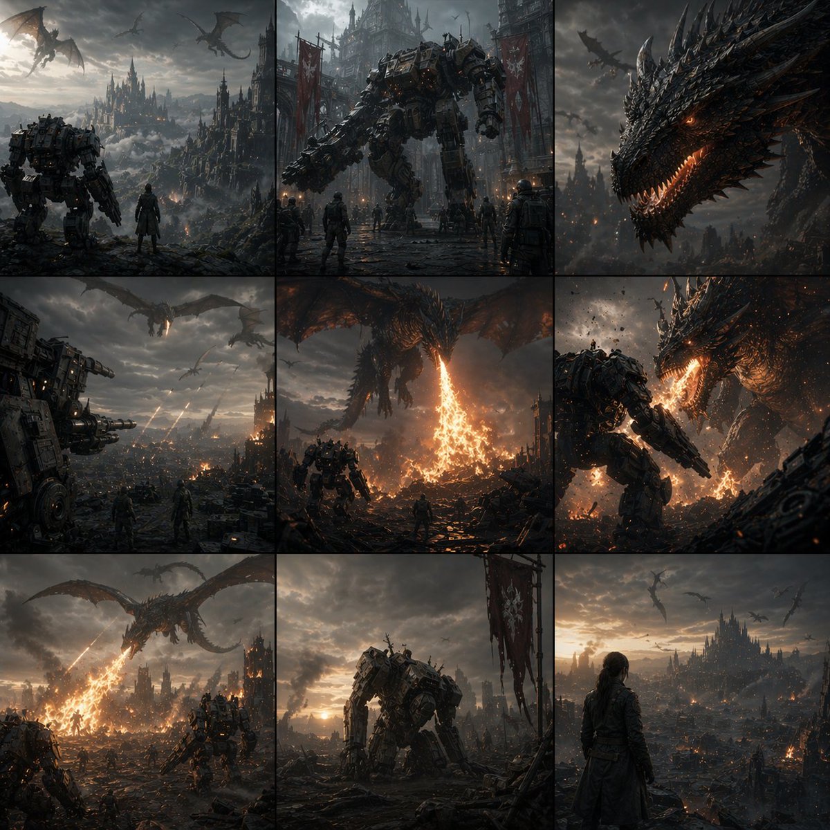 Source image for the AI video “Mechs Versus Dragons Trailer Storyboard Video”