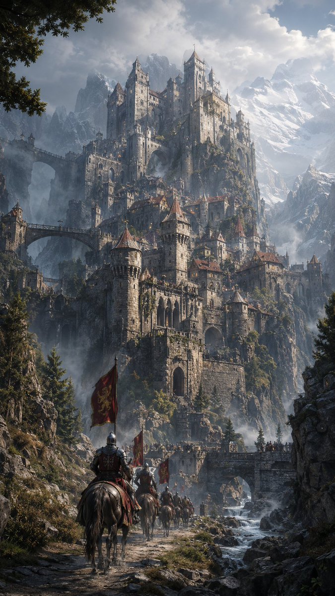A vertical, cinematic view of a vast castle city built into mountain gorges, with towers and bridges clinging to rock faces and a small procession winding…