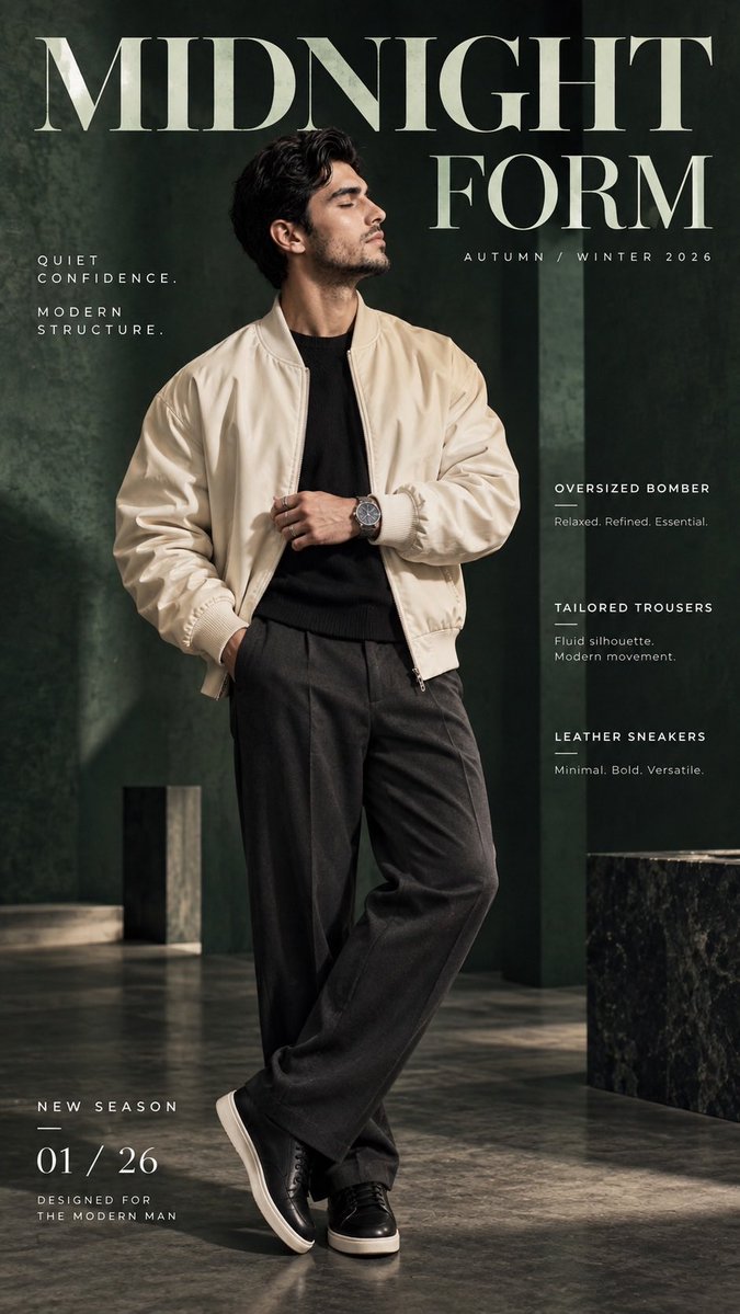 A full-body menswear campaign poster set against dark green textured walls, with a cream bomber, charcoal trousers and editorial serif type. The result reads…