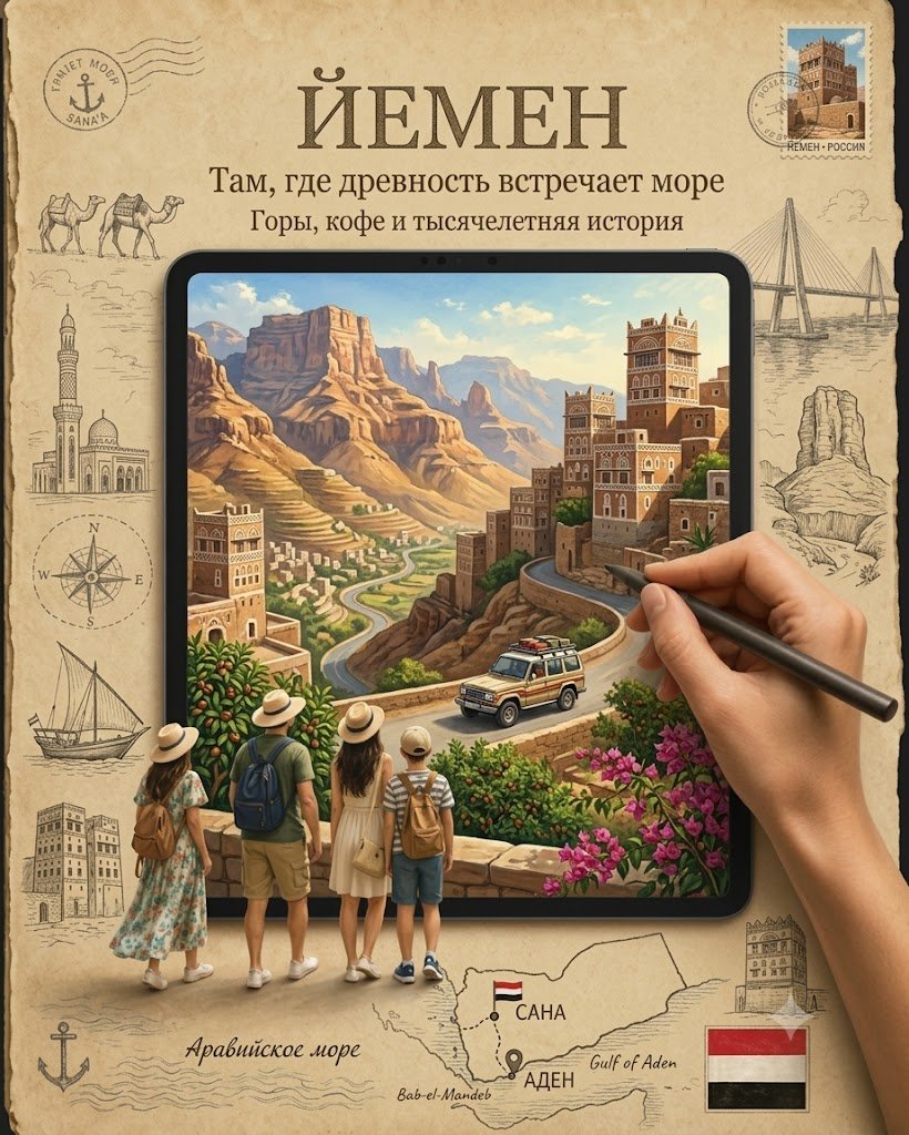Mid-Century Destination Postcard Scene With Tablet — AI result, variation 2 of 2