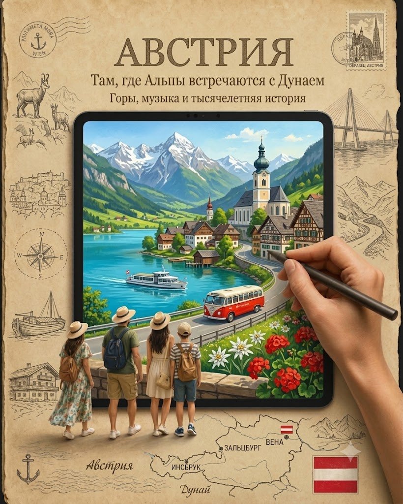 A warm sepia scene of a family seen from behind, gazing at a tablet on aged parchment that frames a destination's landmarks, roads and landscapes. Ink…