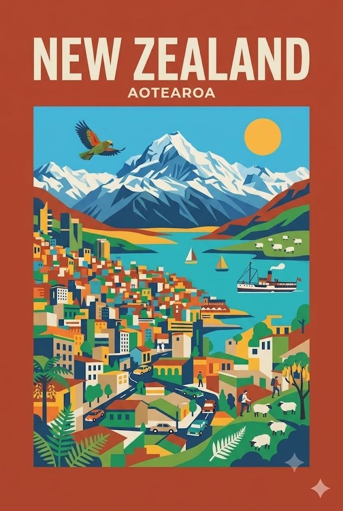 A flat, geometric travel poster of a destination with bold borders, cream uppercase lettering and a sun over sharp-edged mountains, water and small figures. It…