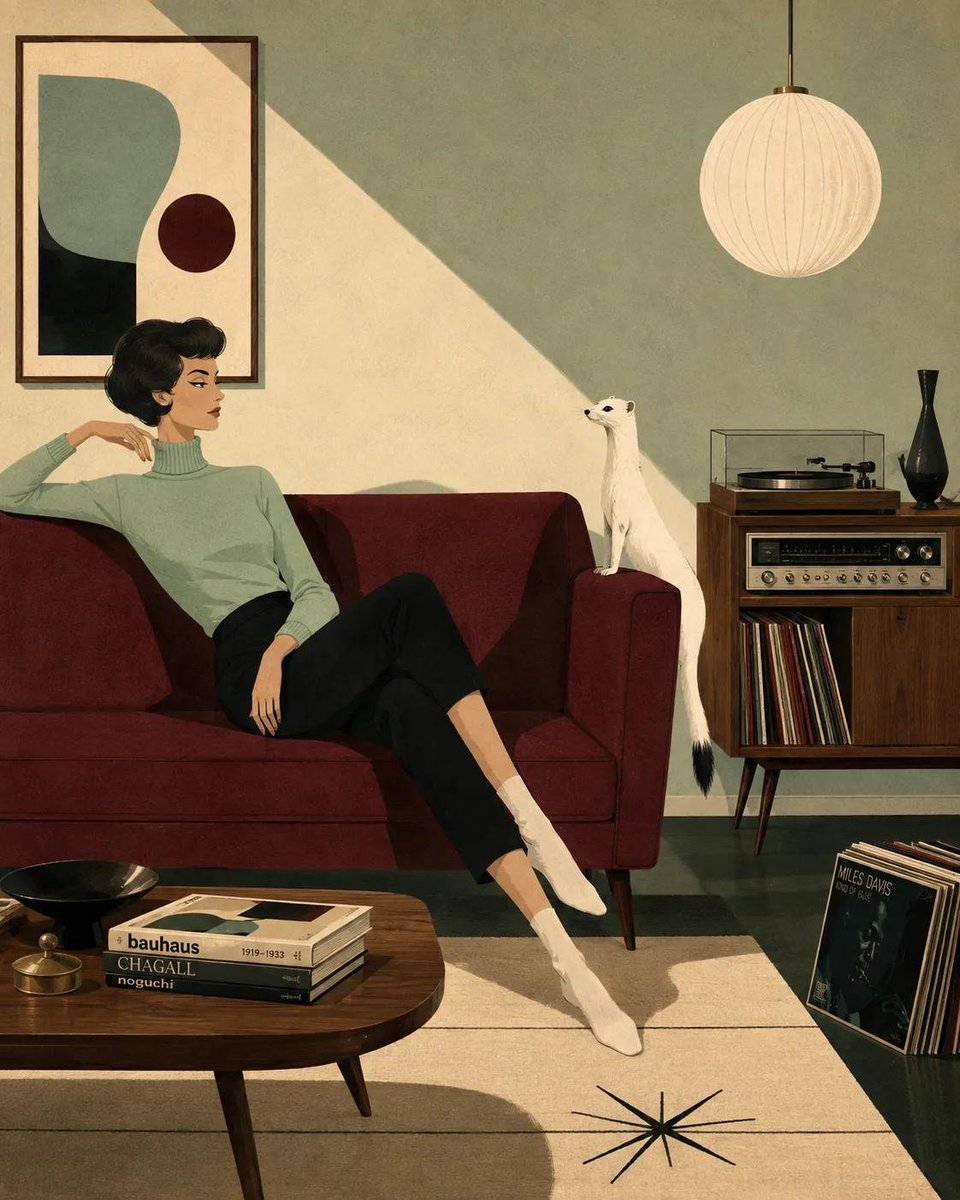 Mid-Century Lounge Scene Illustration Prompt — AI result, variation 2 of 4