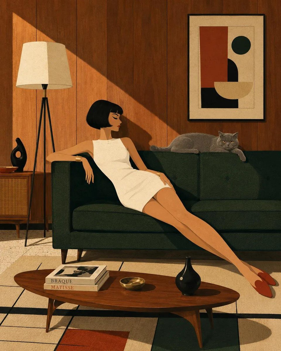 Mid-Century Lounge Scene Illustration Prompt — AI result, variation 4 of 4