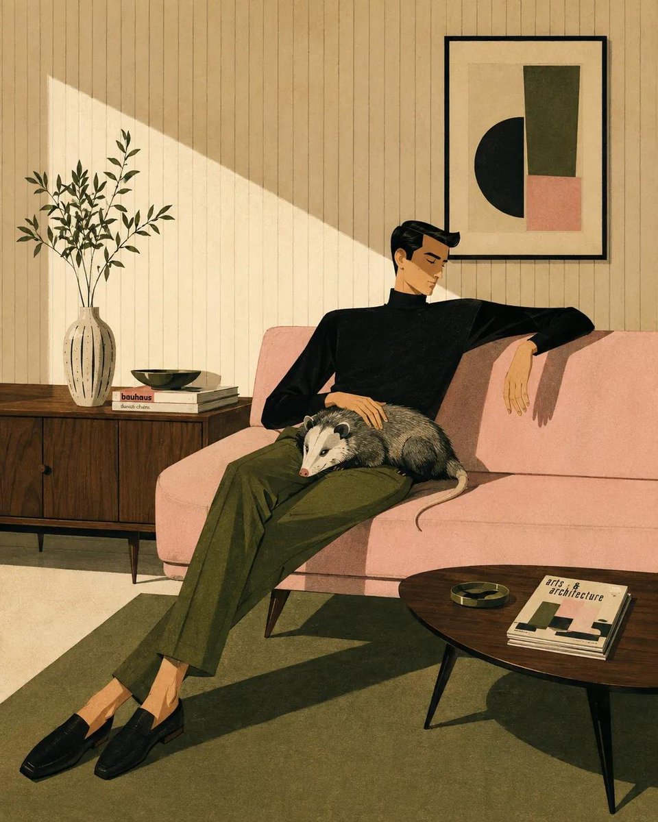 A calm, sunlit interior where a figure rests on a sofa beside an animal, drawn in flat matte colour with crisp geometric shadows. The restrained palette and…