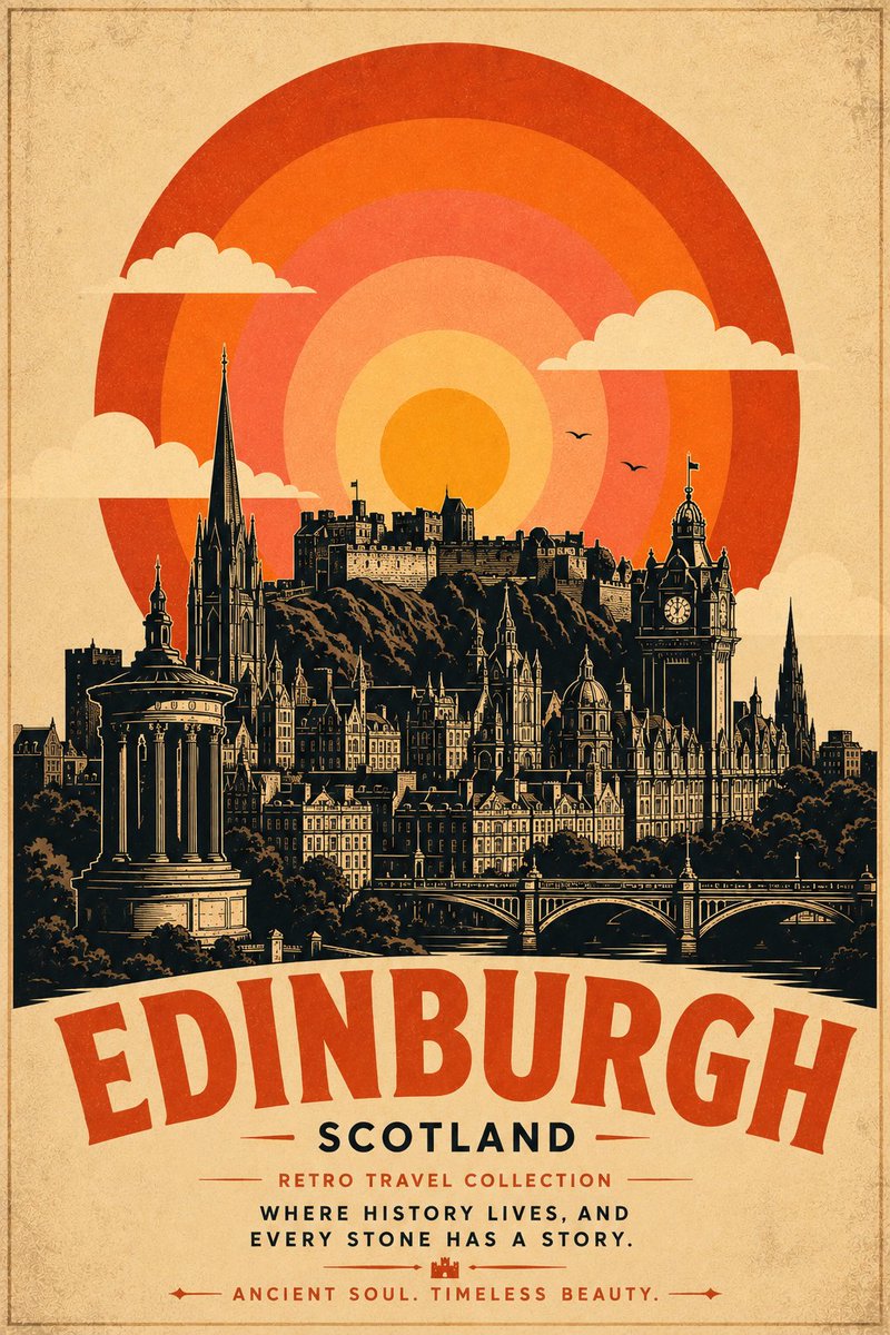 Mid-Century Travel Poster Template With Concentric Sun — AI result, variation 3 of 4
