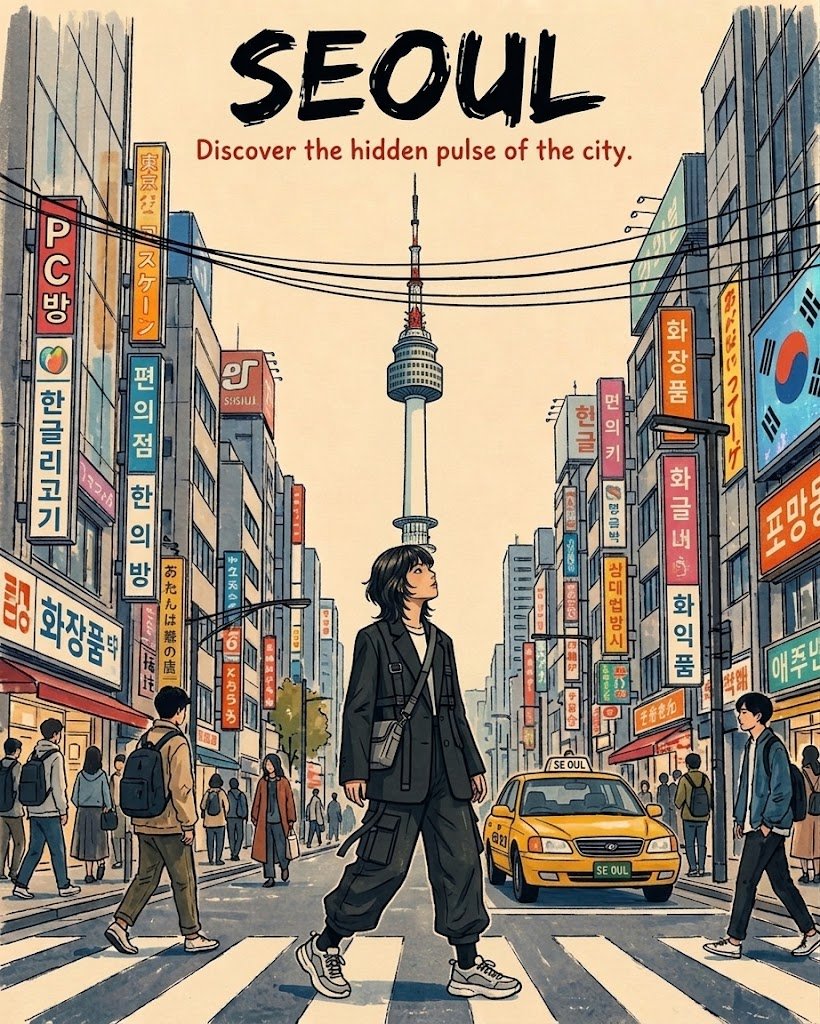 A flat, graphic travel poster with a bold character in the foreground, a landmark framed in the distance, and heavy textured black lettering. The look reads as…