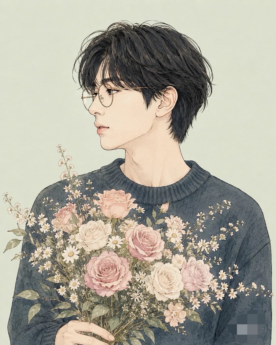 Miki-Style Profile Portrait With Flower Bouquet — AI result, variation 2 of 2