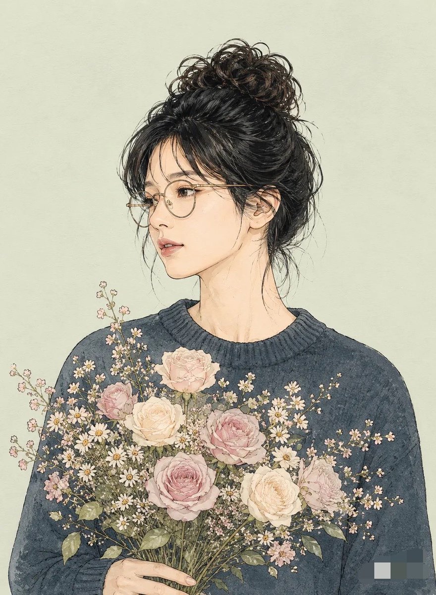A soft line art bust of a bespectacled person in profile, cradling pink and white blossoms against a calm pastel ground. Clean dark contours carry the drawing…