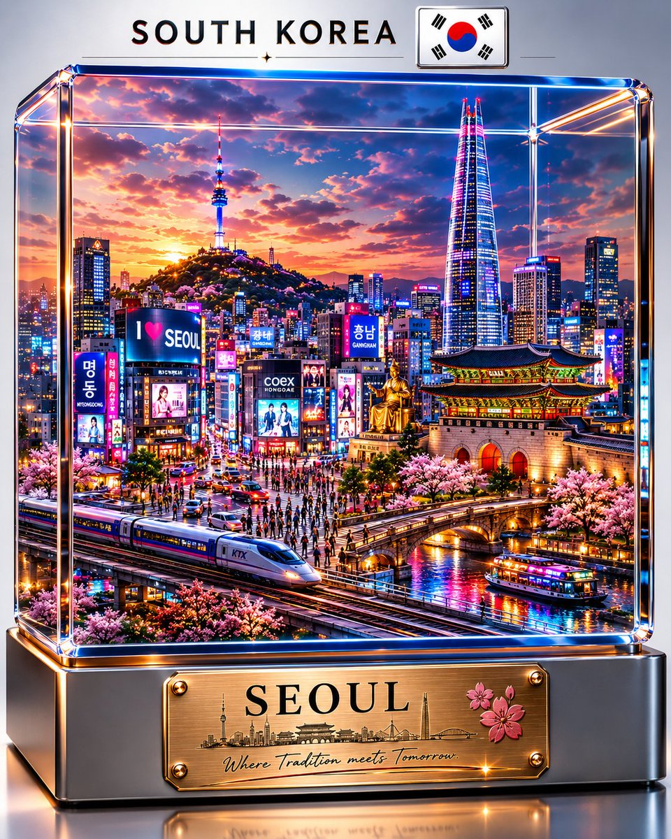 A glowing crystal cube holds a dense miniature city packed with landmarks, bridges, street life and tiny vehicles, lit by a warm sunset sky. Above it sits a…