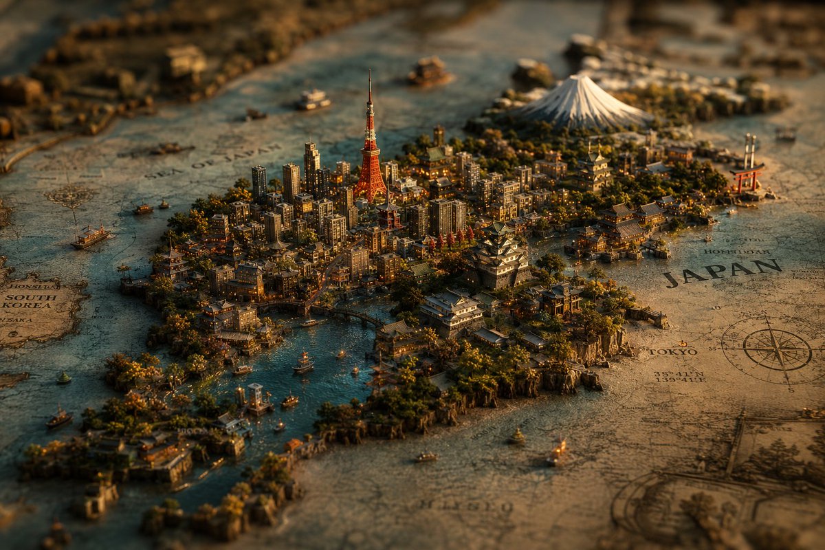 A handcrafted miniature city sits on an old map, with tiny bridges, rivers and glowing windows lit by warm golden-hour haze. The tilt-shift macro view makes…
