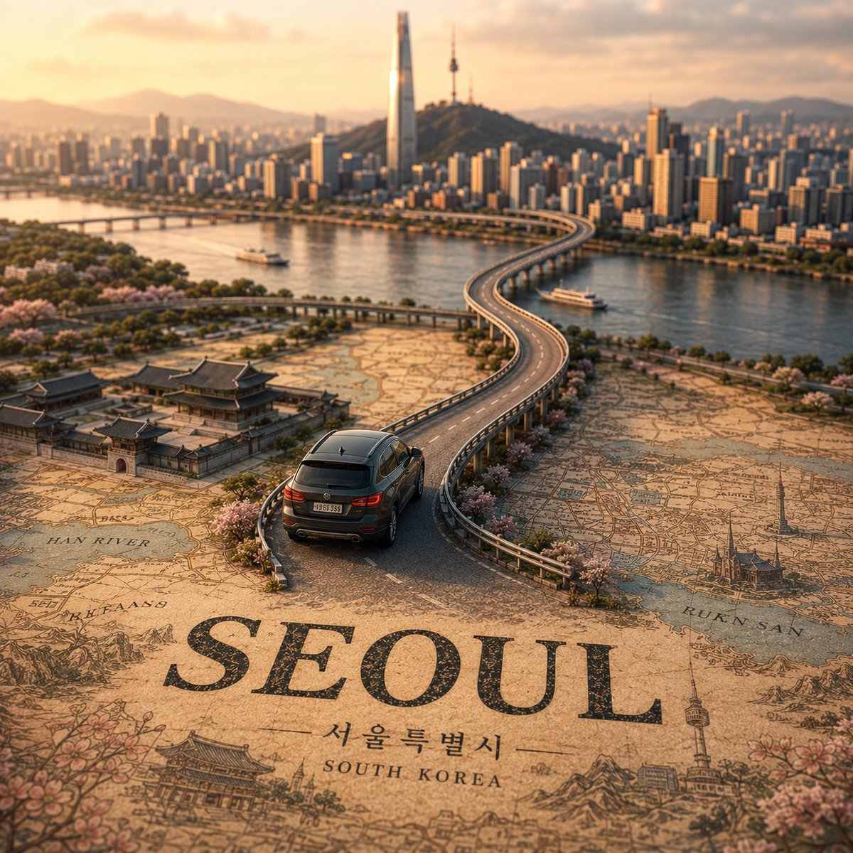 Miniature City Road Travel Poster with Vintage Map — AI result, variation 3 of 4