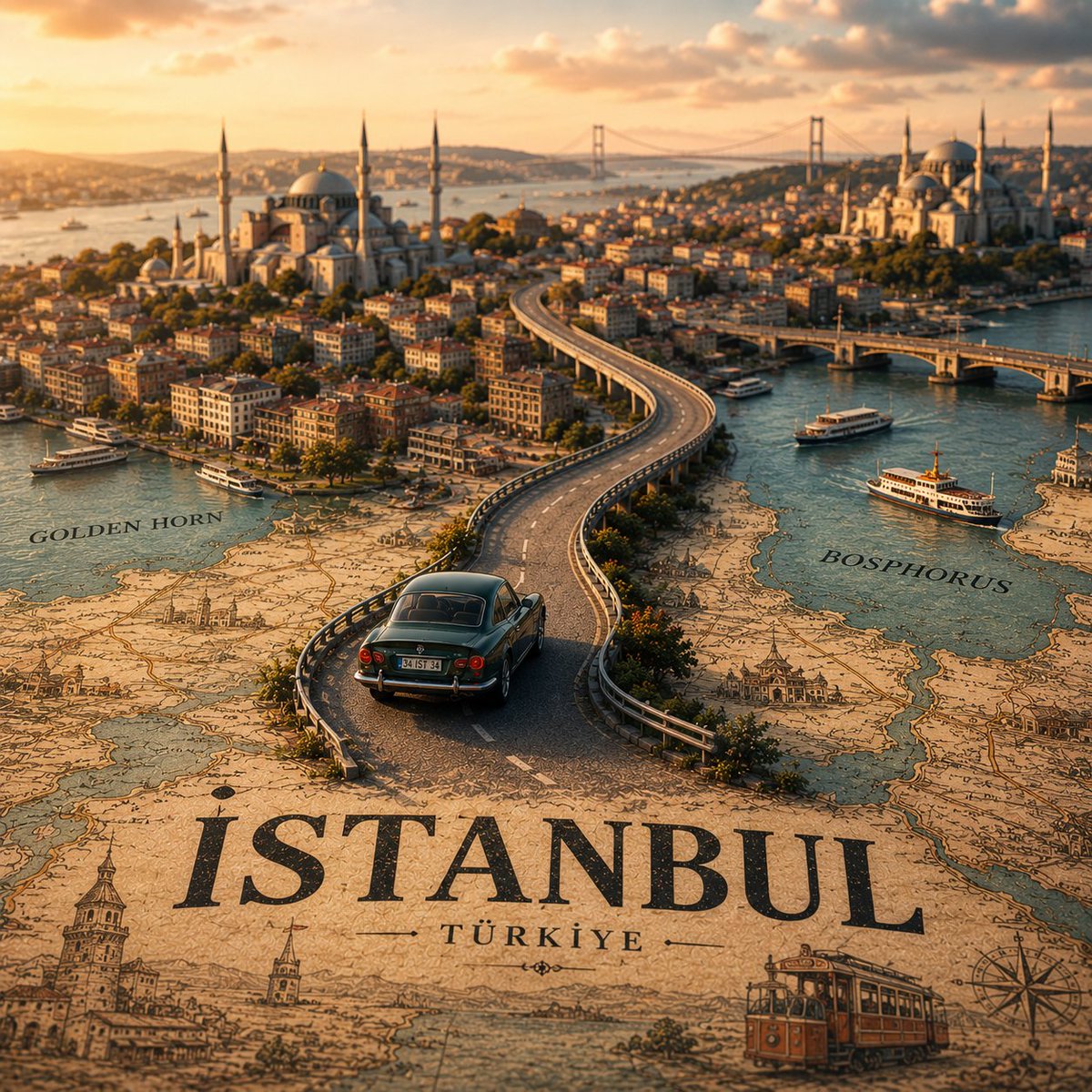 Miniature City Road Travel Poster with Vintage Map — AI result, variation 4 of 4