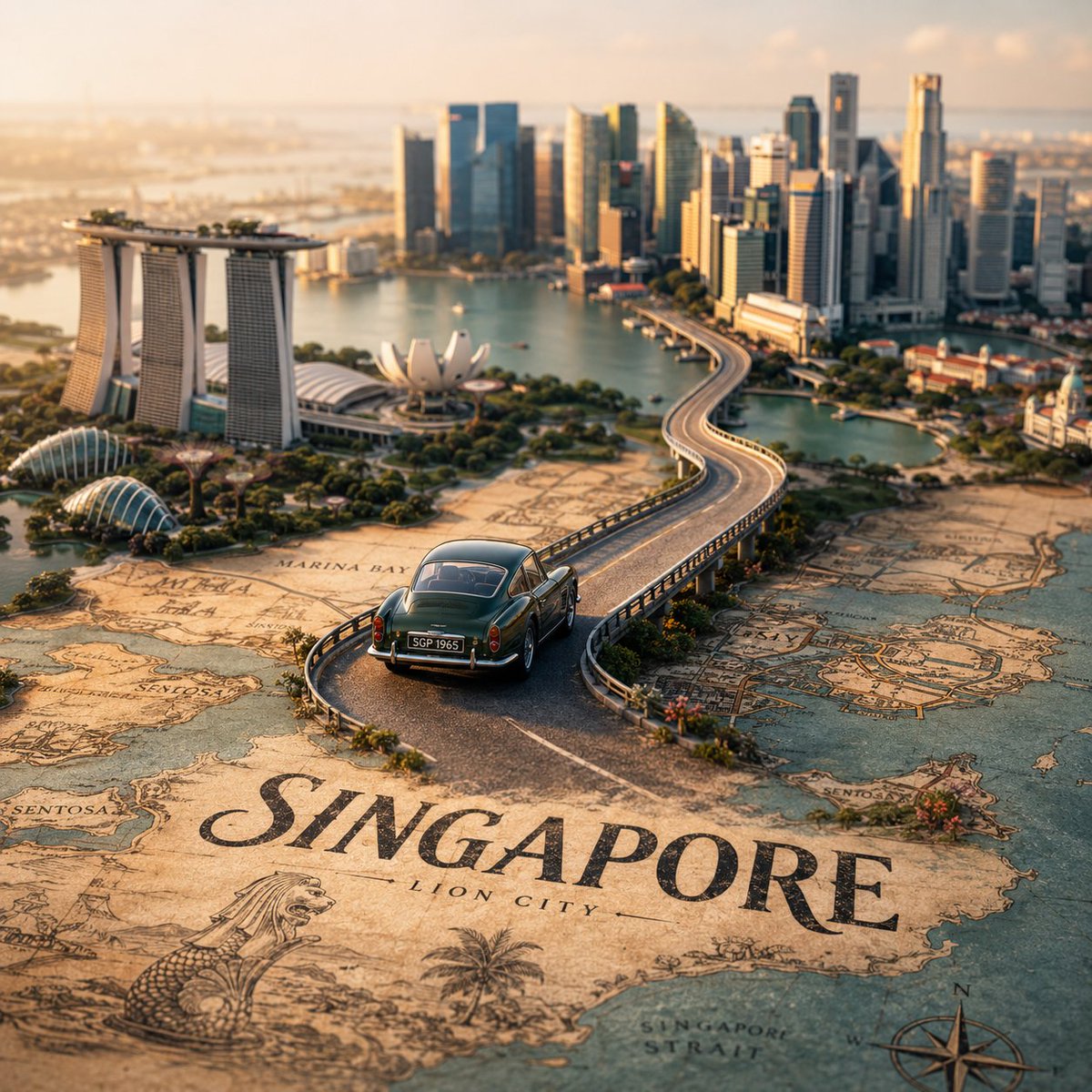 A vehicle drives a winding elevated road that rises out of a vintage city map and curves toward the skyline. Golden-hour light and a shallow tilt-shift focus…
