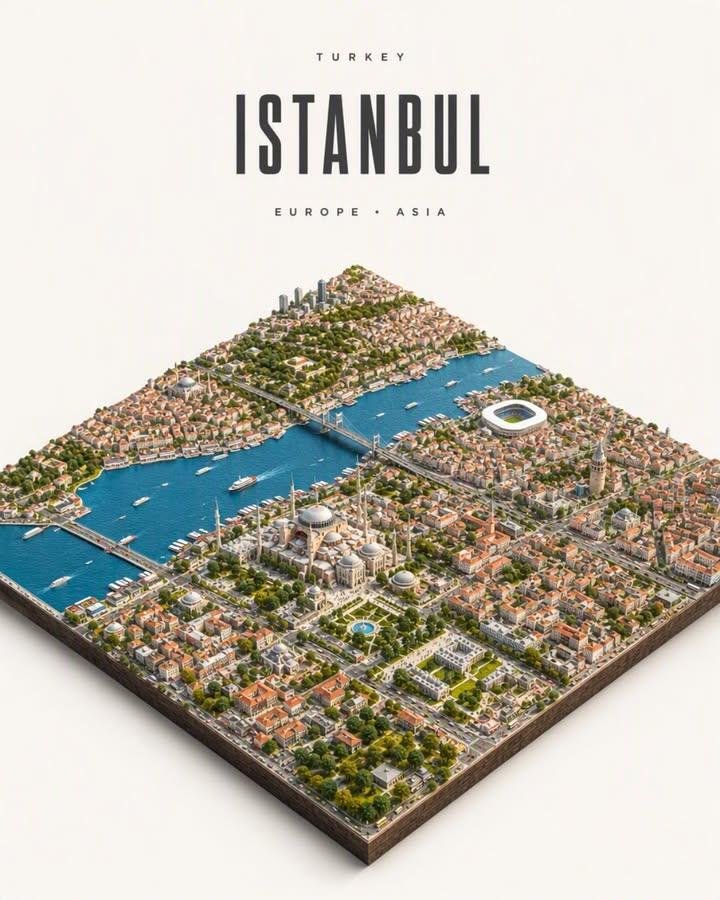 A city rebuilt as a tiny architectural model on a wooden plinth, sitting on warm ivory with bold spaced-out type above. Landmarks, rivers and waterfronts sit…