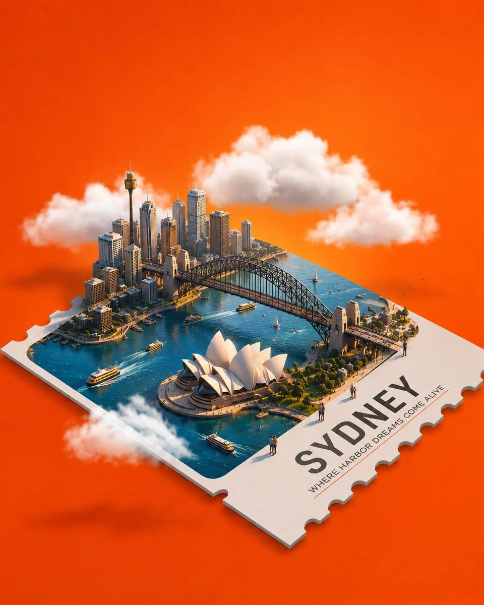 A world landmark rises out of a postage stamp in a tiny, tilt-shift diorama, with miniature people and clouds around it. The orange backdrop and glossy finish…