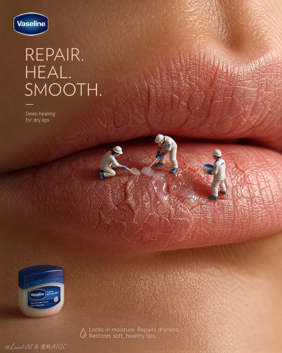An extreme macro of dry, cracked lips becomes a tiny repair site, with two or three miniature workers sealing the fissures in glossy jelly. The jar sits small…