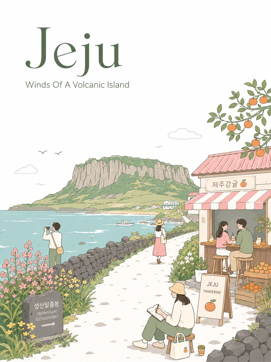 A clean vertical postcard with one landmark anchoring the middle, a few daily-life moments, and a wide white field for type. The muted blush, sage and cream…