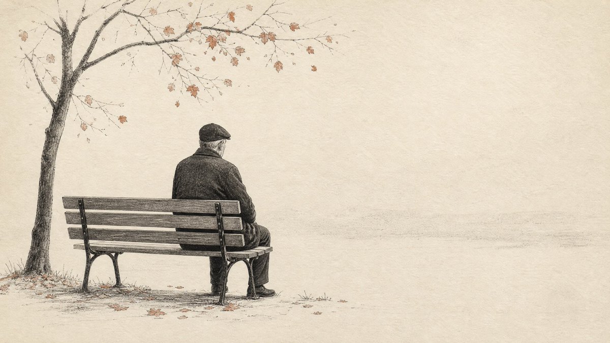 A quiet gallery-style illustration built from fine ink and graphite lines on textured paper. Most of the sheet stays open, with a single muted accent color…