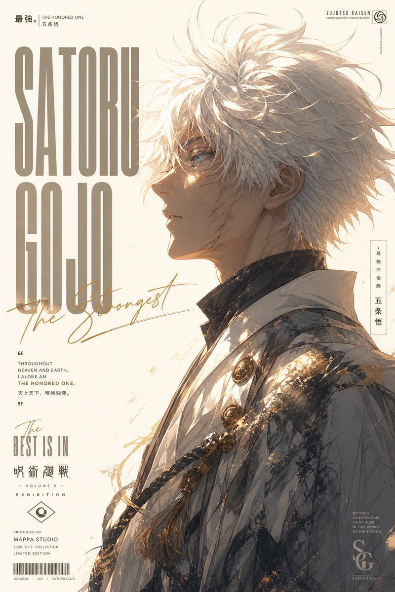 A vertical anime poster with a side-profile male character, fluffy white hair catching warm golden light, and huge ivory negative space. Oversized stacked type…
