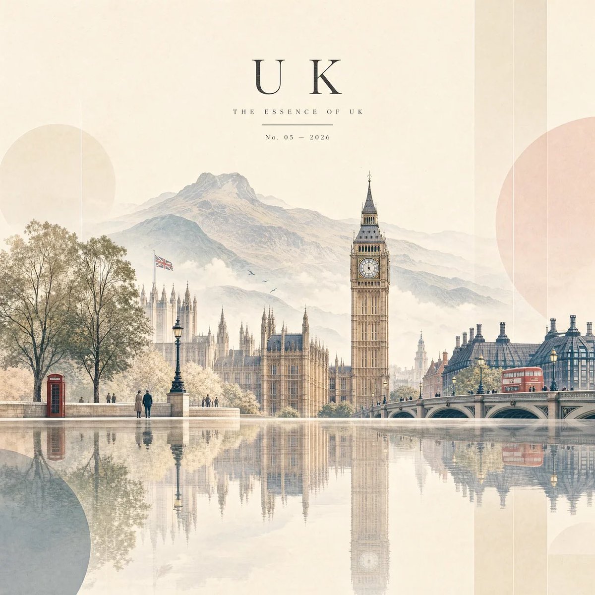 A calm, gallery-style travel poster that turns a country into a soft minimalist landscape, with landmark architecture, misty mountains and glassy reflections…