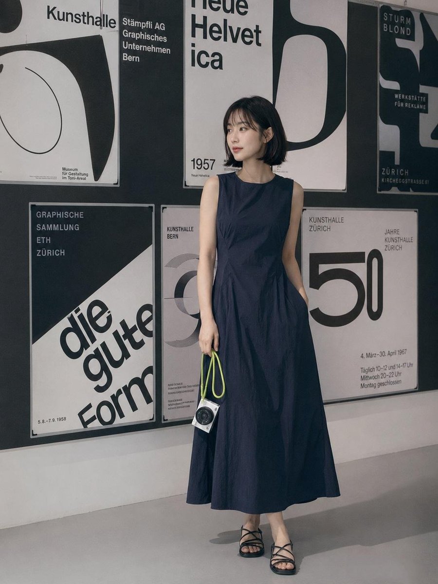 A calm full-body portrait of a young woman in a navy midi dress, set against walls of black-and-white Swiss typography posters. Soft daylight and a muted…