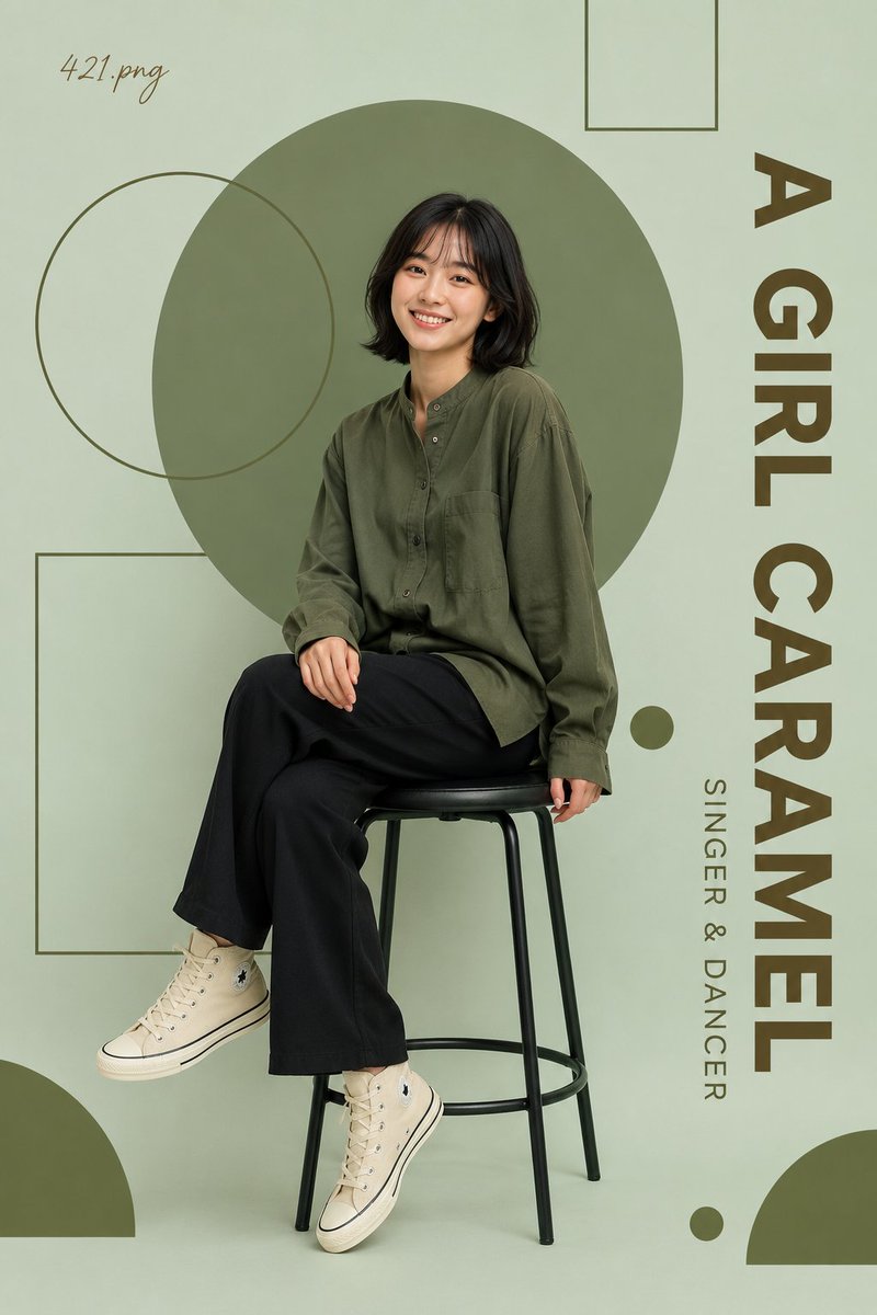 A smiling young woman sits on a black stool against a pastel mint wall, framed by olive circles and outlined rectangles. Bold vertical type gives the layout a…