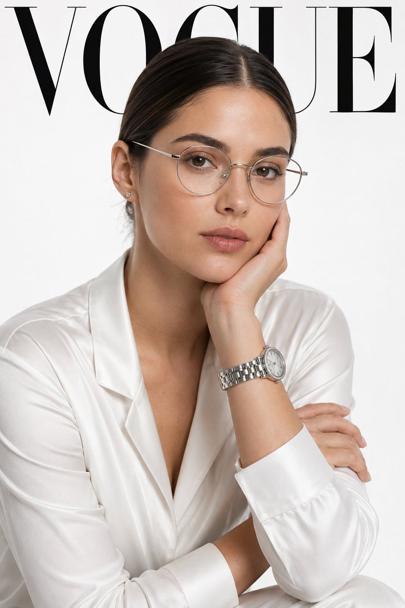 A high-key studio portrait of a composed young woman in round silver glasses and a white satin blouse, with a bright white backdrop and a crisp silver watch on…