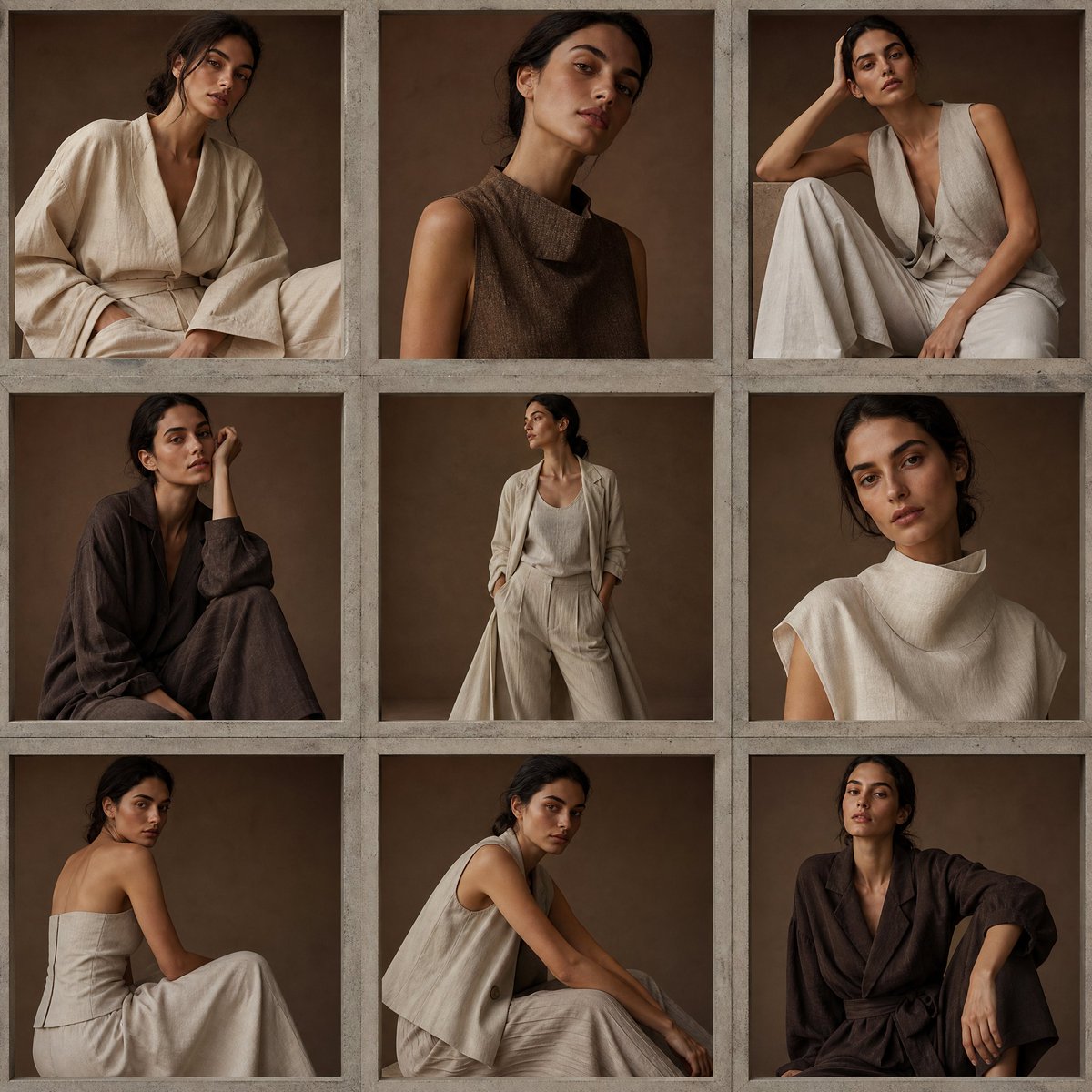 Nine studio portraits of one model sit in a tidy square grid, each framed in raw concrete tones against muted clay brown. The result reads like an…