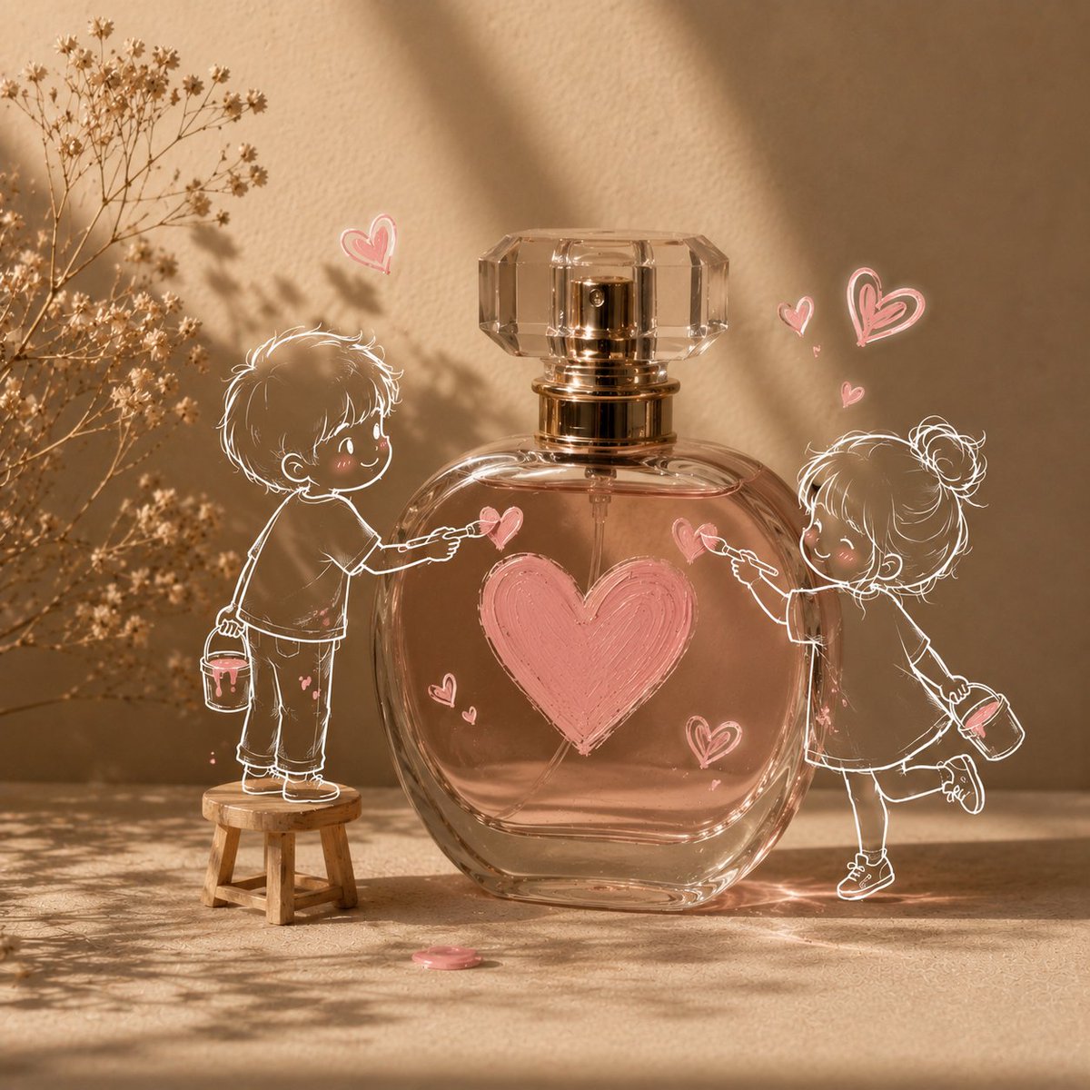 A warm, sunlit tabletop shot with long soft shadows and a loose white line drawing sketched over the real product. The mix of photograph and hand-made line…