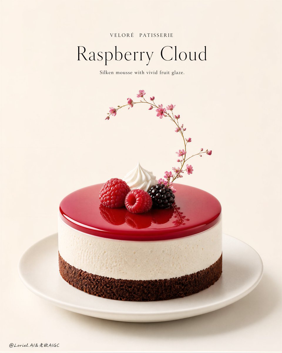A single round raspberry mousse cheesecake sits alone on a white plate, framed by warm negative space and a fine blossom sprig curving upward. The result reads…