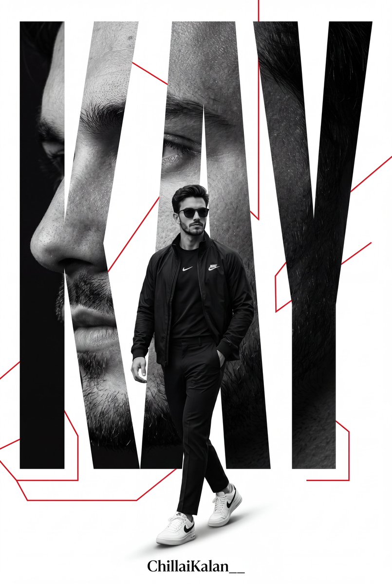 A man in all-black sportswear strides forward against a clean white field, his side-profile portrait filling the background in high-contrast monochrome. Bold…
