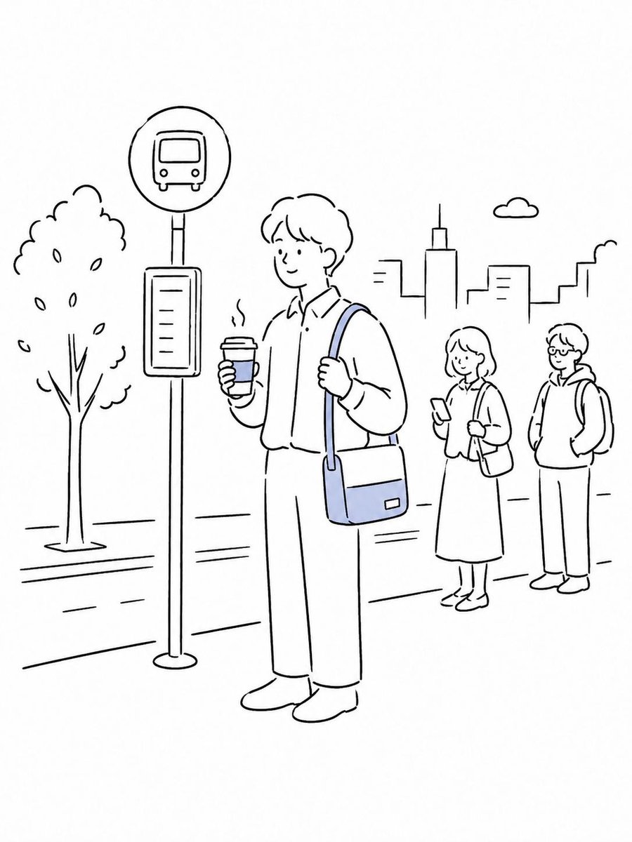 A calm black-and-white vector scene of commuters at a bus stop, subway, or rainy crosswalk, drawn with thin continuous outlines. Soft pastel blue touches on…