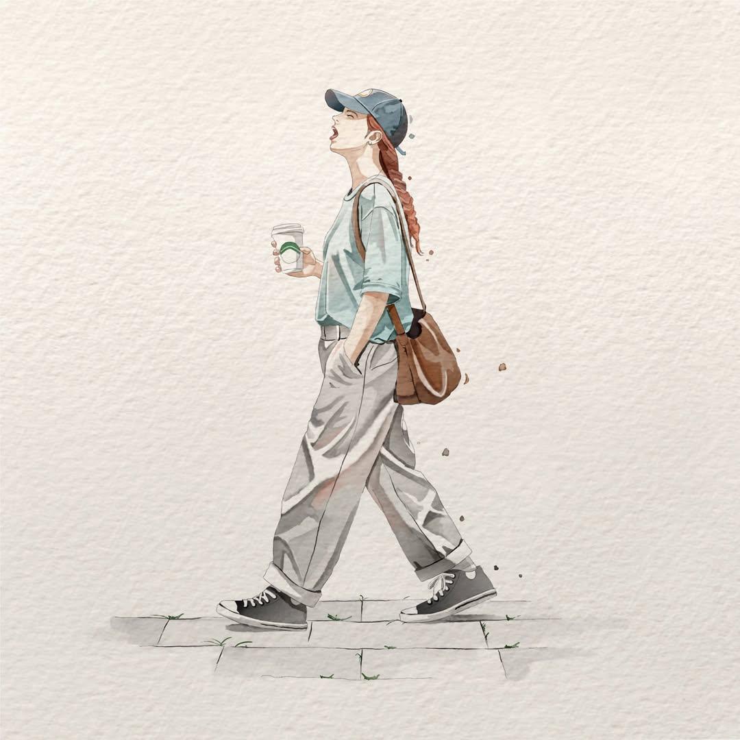 A small figure crosses a wide field of textured paper, a takeaway cup in hand and wind in her clothes. Pastel washes and fine ink lines keep the scene calm…